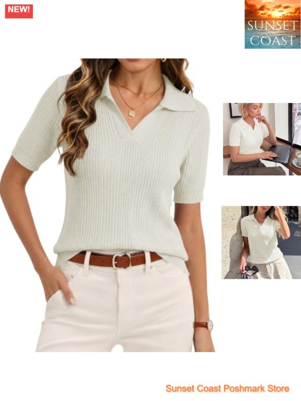 Womens Pointelle Knit Polo Sweater Short Sleeve V Neck Top